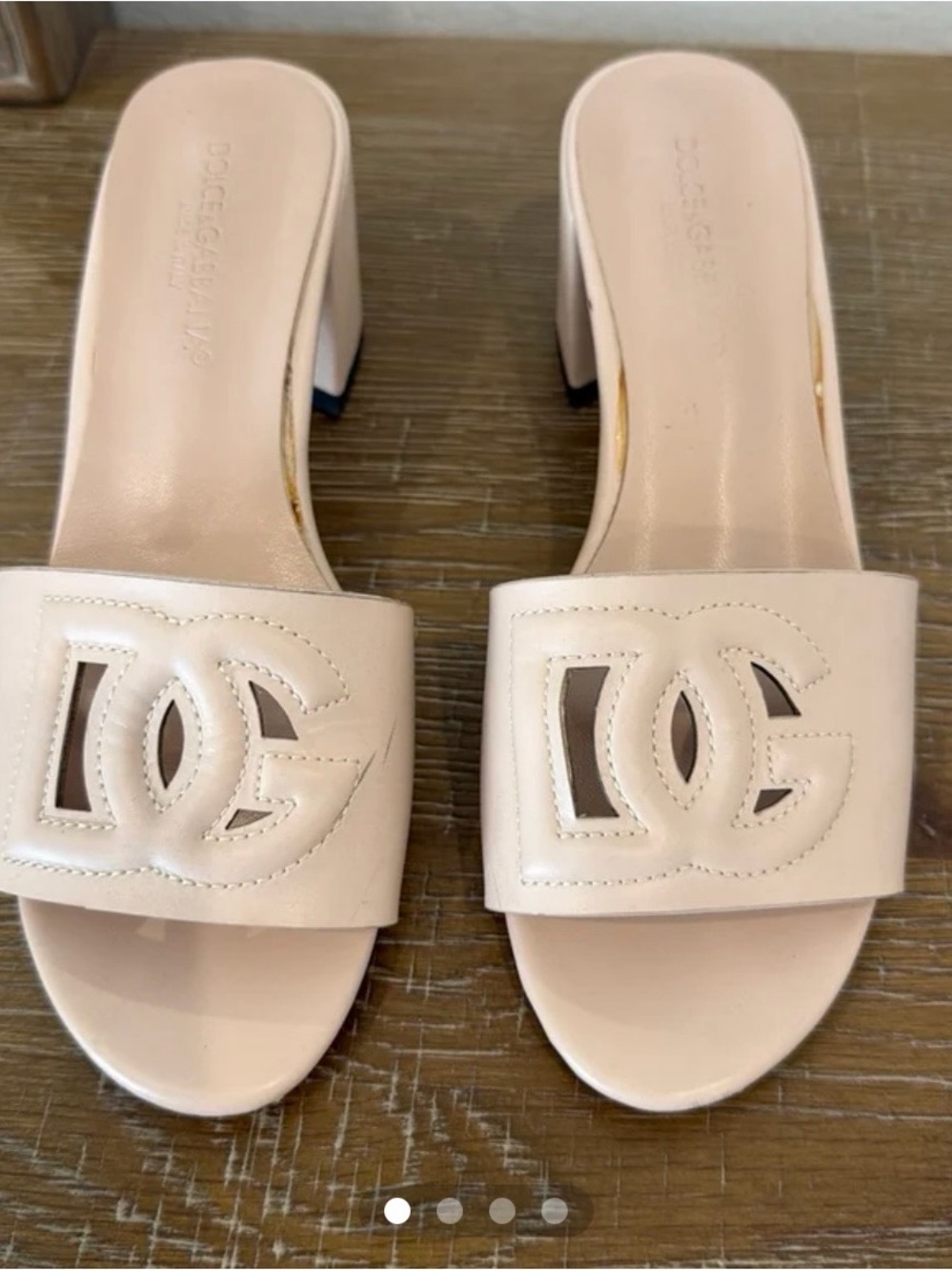 Embossed Logo Nude Leather Slide Heels